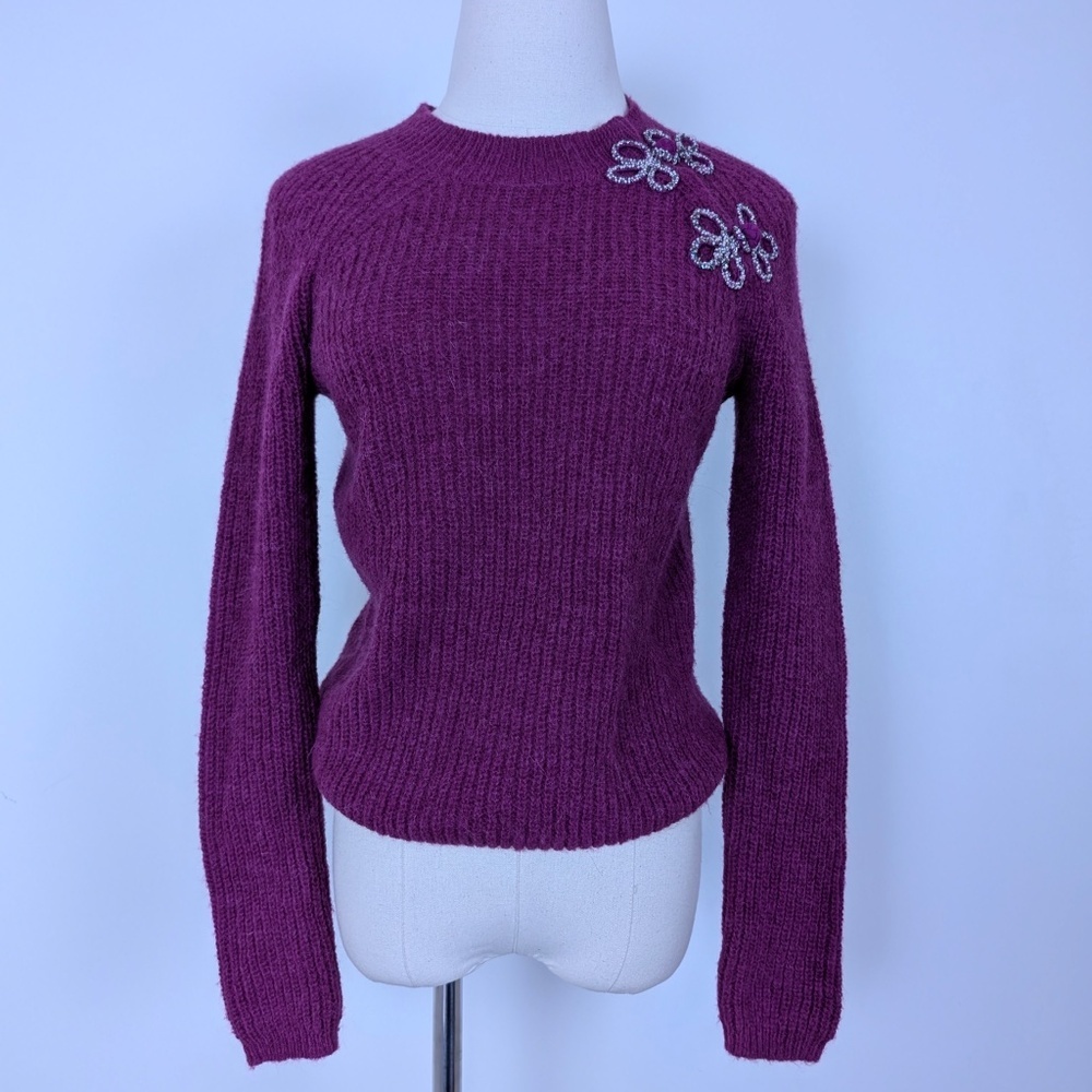 J. Crew Pink Knit Crew Neck Ribbed Long Sleeve Asymmetrical Beaded Shoulder - Picture 11 of 11